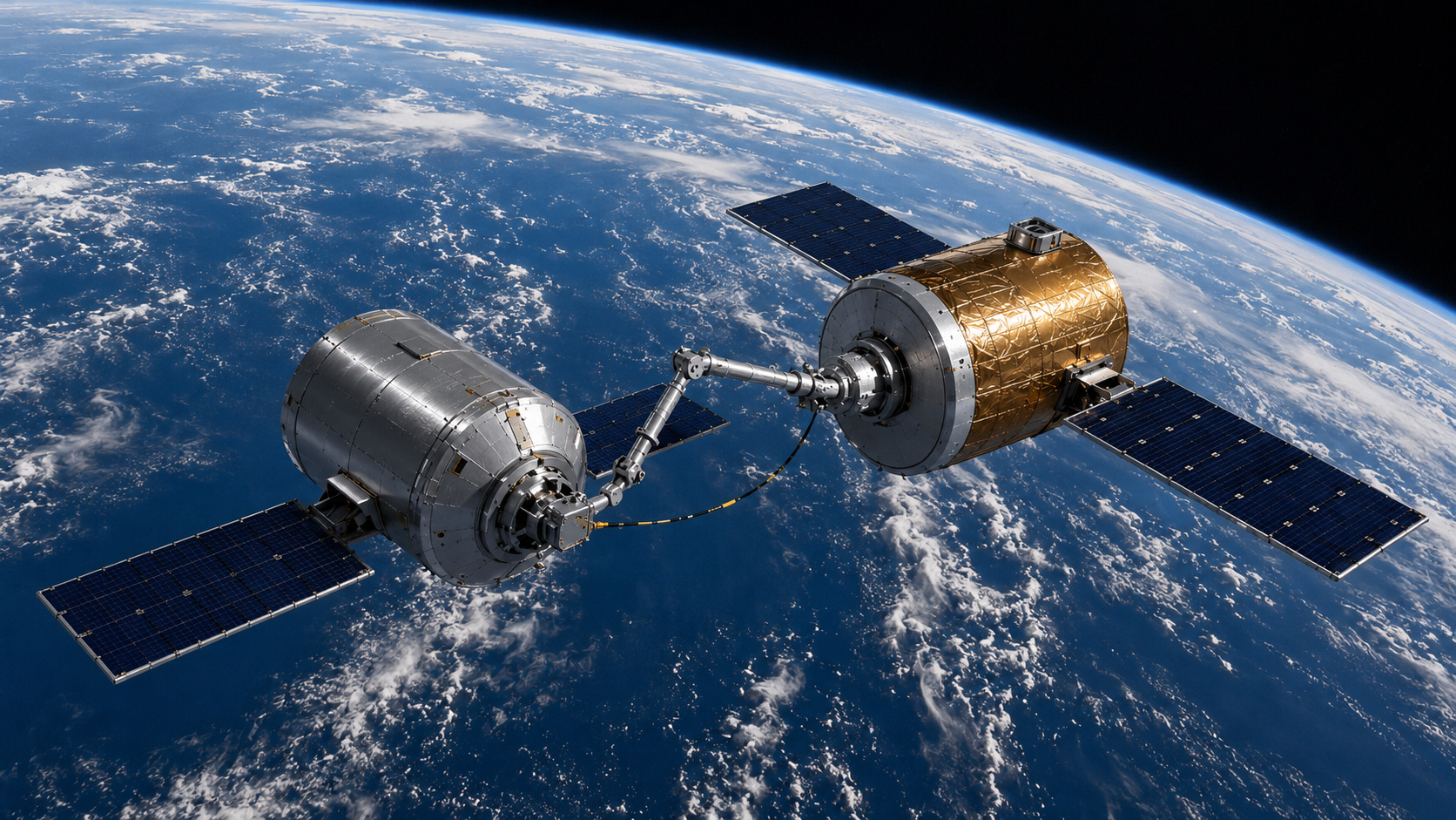 Two spacecraft docked for on-orbit propellant transfer above Earth
