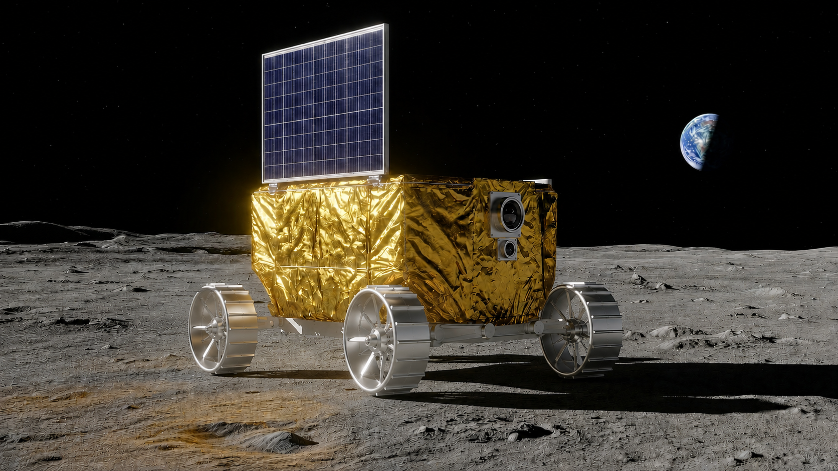 Rendering of the SCOUT lunar rover with gold-foil body, aluminum wheels, and a white solar panel with dark blue cells, on the lunar surface